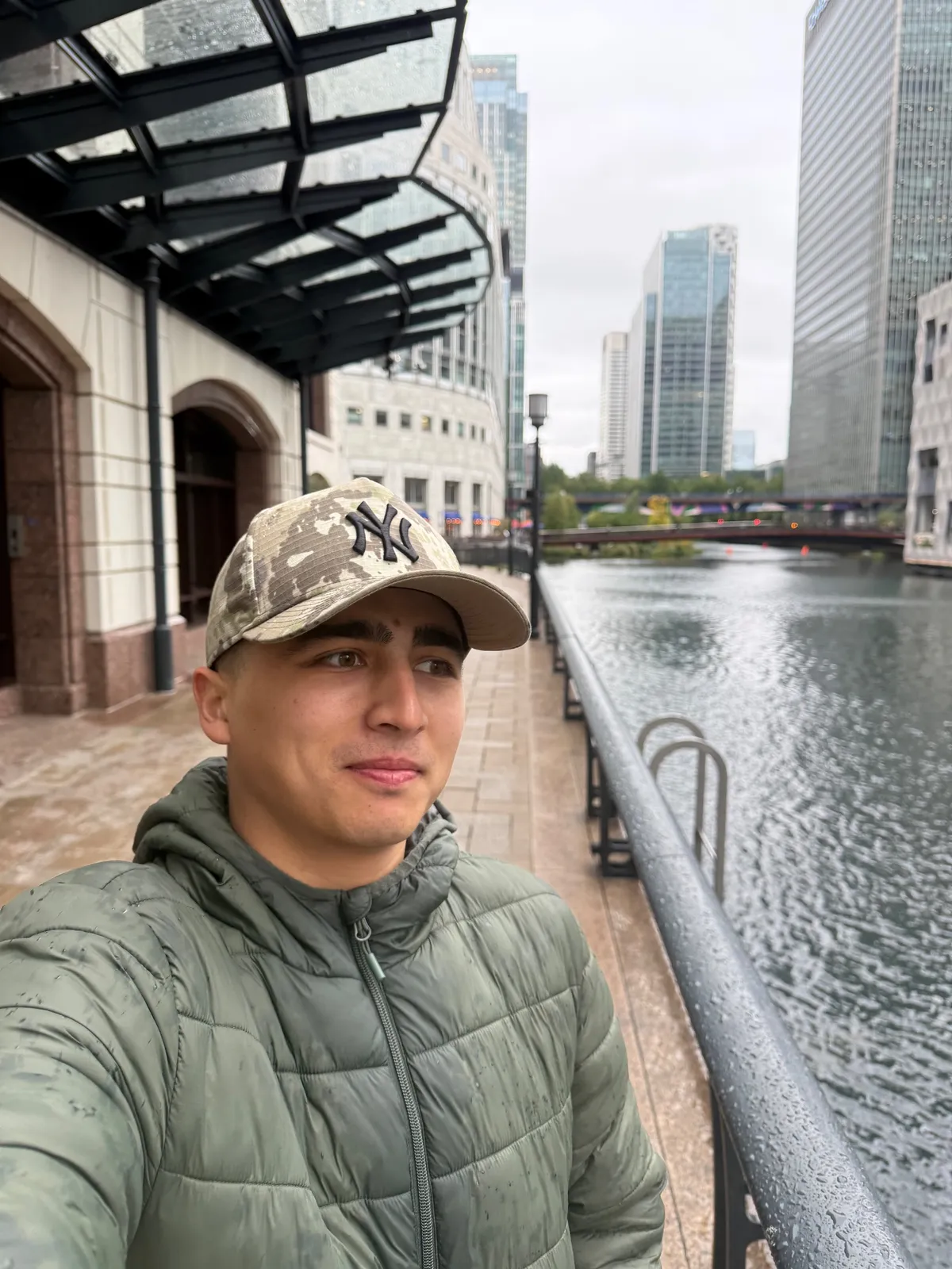 Bakhodirjon by the dock at Canary Wharf